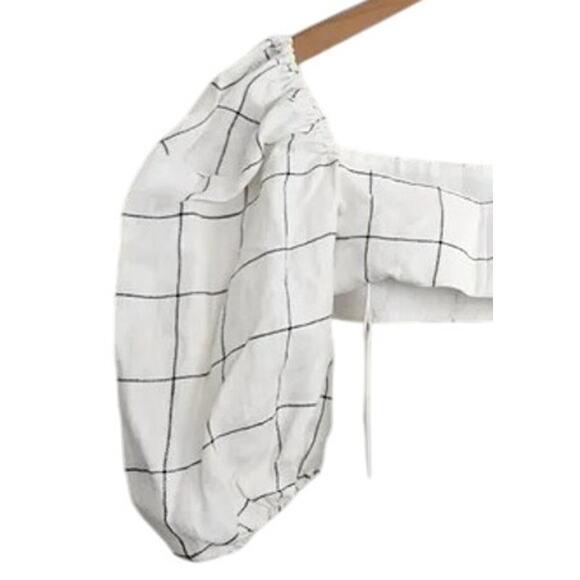 NWT Rumer Quinn Plaid 3/4 Puff Sleeves Linen Crop Top Back Clasp Closure M Ivory - Picture 8 of 15